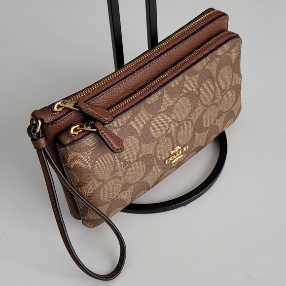 Coach Double Zip Wallet In Signature Canvas Refined Pebble Leather-Brown - Picture 2 of 12